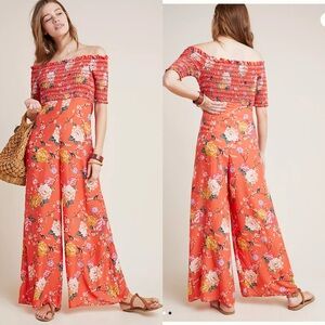 Anthropologie Farm Rio Paraiso Smocked Off Shoulder Floral Wide Leg Jumsuit Sz M